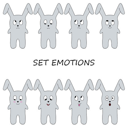 Set of emotions cute bunny in the cartoon style. Set of rabbits. Hand drawing. Vector illustration.のイラスト素材