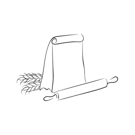 Logo sack of flour, rolling pin and wheat ear on a white background. Hand drawing flour bag outline. Vector illustration design logo. Logo for the bakery, confectionery, factory and cafes.のイラスト素材