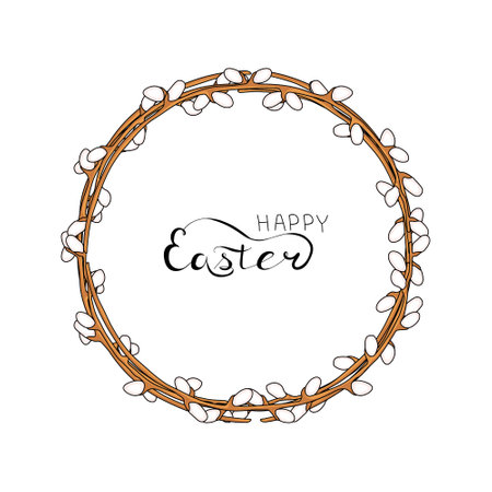A wreath frame made of willow branches on a white background. Design elements for spring greeting cards, prints, advertising. Letthering Happy Easter. Hand drawing. Vector illustration.のイラスト素材