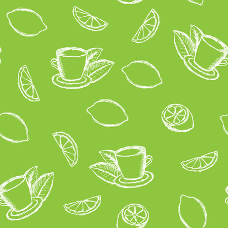 Seamless pattern sketch tea, tea leaves and a lemon lemon slice on a green background. Hand drawing. Vector illustration.のイラスト素材