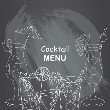 Cocktail menu. Vector design with hand drawn drinks illustration. Vintage beverages sketch background. Retro template isolated on chalkboard.のイラスト素材