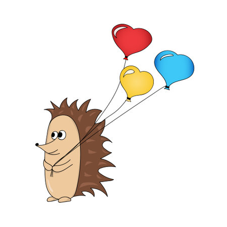 Hedgehog in cartoon style holding a red, blue, yellow balloons in the shape of a heart. Valentines Day card. Happy birthday print. Hand drawing. Vector illustration.のイラスト素材