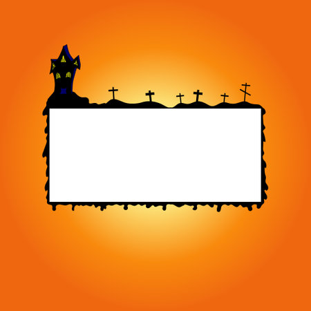Place for text Halloween framed grave crosses and castle on an orange background. Happy Halloween background. Hand drawing. Illustration.のイラスト素材