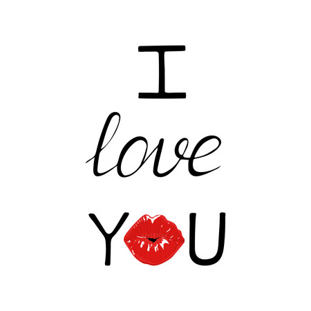 Lettering I love you and kiss red lipstick. The inscription for the greeting card for Valentines Day, for the invitation to the wedding. Hand drawing. Illustration.のイラスト素材
