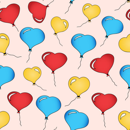 Seamless pattern of red, blue, yellow balloons in the shape of a heart. Balloon heart on a light red background. Valentines Day wallpaper. Hand drawing. Wedding background. Happy birthday card.のイラスト素材