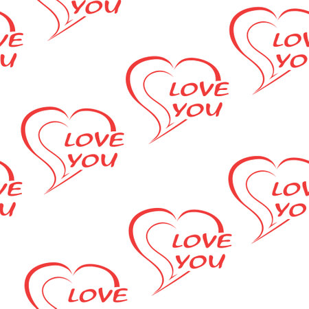 Seamless pattern two hearts and the words I love you. Red heart on a white background. Valentines Day wallpaper. Hand drawing heart. Vector illustration. Love background.のイラスト素材