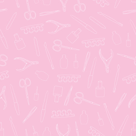 Seamless pattern manicure tools on a pink background. Vector illustration. Hand drawing manicure tools. Manicure tools card.のイラスト素材