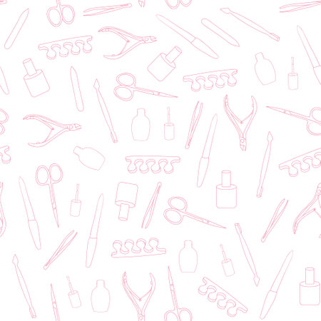 Seamless pattern manicure tools on a white background. Vector illustration. Hand drawing manicure tools. Manicure tools card.のイラスト素材