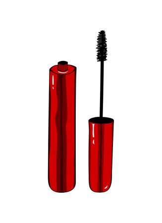 Red tube of mascara and brush with black mascara. Fashion red design element on a white background. Hand drawing. Vector illustration.のイラスト素材