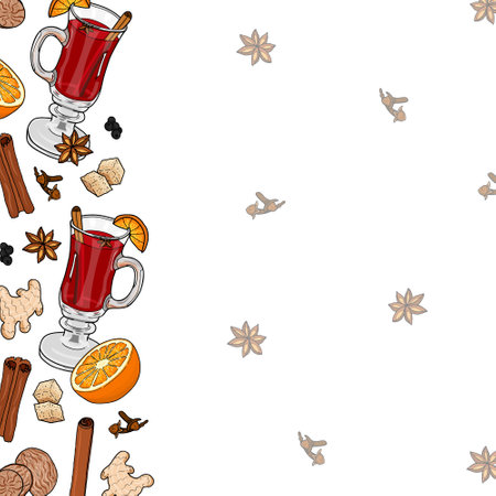Background of glasses with mulled wine and ingredients for making mulled wine. Wallpaper for the menu of cafes in the cartoon style. Hand drawing. Illustration.のイラスト素材