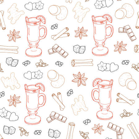 Seamless pattern from a glass of mulled wine, cinnamon, nutmeg, cloves, ginger, black pepper, anise, chocolate and cane sugar on a white background. Hand drawing. Vector illustration.のイラスト素材