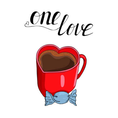 A red coffee mug in the form of a heart and a candy in a blue wrapper. Lettering One love on white background. Hand drawing. Illustration in a cartoon style.のイラスト素材