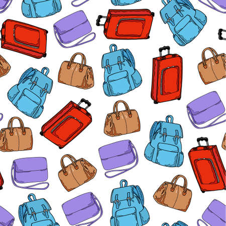 Seamless pattern of red suitcase, blue backpack, brown bag and lilac woman bag on a white background. Fashion wallpaper. Hand drawing. Vector illustration in cartoon style.のイラスト素材