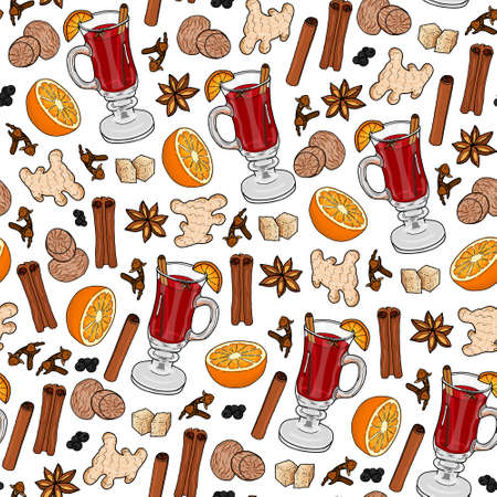 Seamless pattern from a glass of mulled wine, orange, ginger, anise, cinnamon, clove spice, nutmeg, cane sugar, black pepper on a white background. Hand drawing. Vector illustration.のイラスト素材