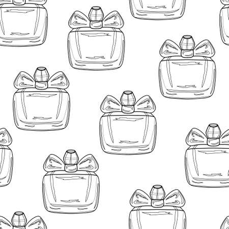 Seamless pattern fashion perfume bottle outline. Fashion background. Beauty background. Glamour background. Hand drawing perfume design element. Fashion vector illustration. Girl poster.のイラスト素材
