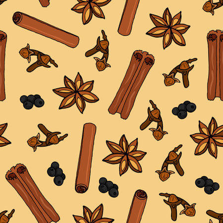 Seamless pattern of spice cloves, anise, cinnamon, black pepper peas on a beige background. Hand drawing. Vector illustration of spices in cartoon style.のイラスト素材