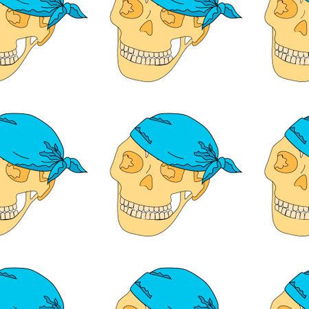 Seamless pattern skull in blue bandana on white background. Cartoon style. Hand drawing. Vector illustration.のイラスト素材