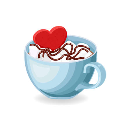 Hot chocolate mug with marshmallows. Hot Cocoa Drink. Red heart in a blue mug. Illustration for greeting card Valentines Day, New Year. Isolated vector object on white background. Cacao with zephyr.のイラスト素材