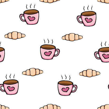 Seamless pattern coffee cup and croissant. Hand drawn tea mug. Hot breakfast. Wallpaper for the kitchen, textiles, print, scrapbooking. Vector illustration on white background.のイラスト素材