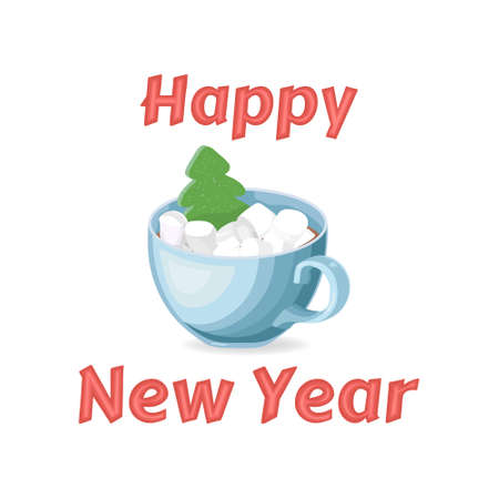 Hot chocolate mug with marshmallows. Hot Cocoa Drink. Green Christmas Tree in a blue mug. Greeting card with inscription Happy New Year. Isolated vector object on white background. Cacao with zephyr.のイラスト素材