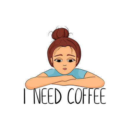 Lettering I Need Coffee. Print for t-shirts, clothes. Character cartoon. Fashion illustration. Isolated vector object on a white background.のイラスト素材