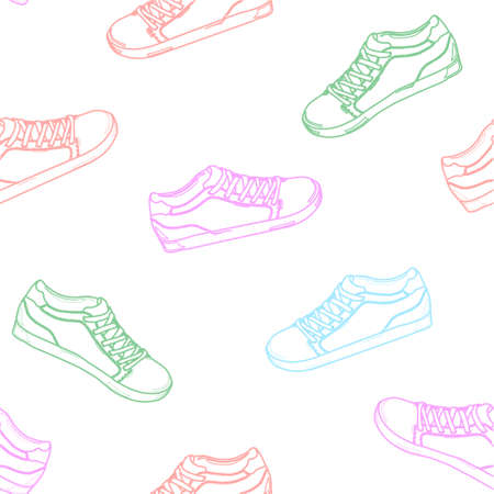 Sports shoes background. Hand drawn sketch of shoes - sneakers. Illustration.のイラスト素材