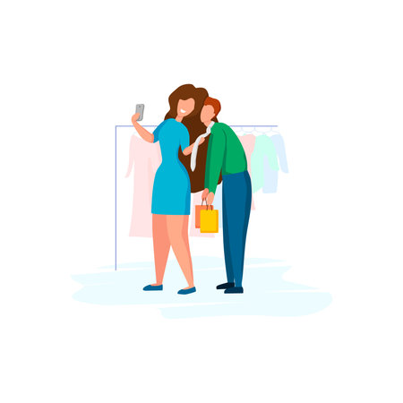 Couple taking selfie in a clothing store. Funny family in a modern flat cartoon style. Isolated...