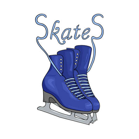 Winter white background with blue snowflakes. Hand drawing ice skates. Vector illustration.のイラスト素材