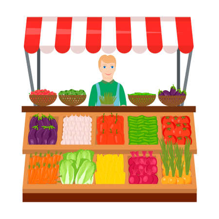 Vegetable market on a white background. The seller at the counter. Set of vegetables. Hand drawing. Vector illustrationのイラスト素材