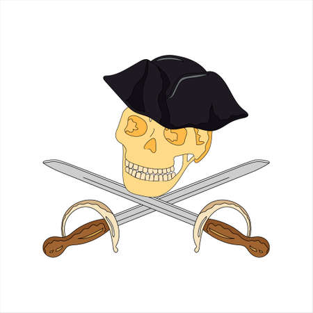 Funny skull in cocked hat and crossed swords. Hand drawing. cartoon style. Vector illustration. white background.のイラスト素材