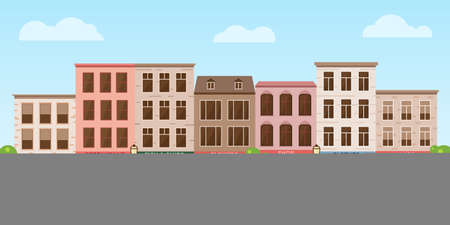 Street buildings banner. City houses view skyline.のイラスト素材
