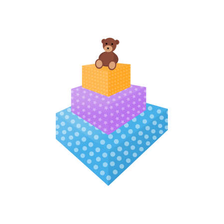 Gift boxes and toy bear. White background. Cartoonのイラスト素材