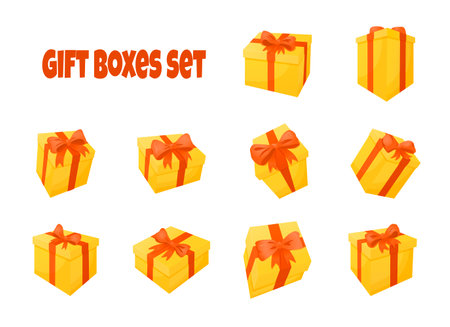Set gift boxes with red bow. Cartoon present.のイラスト素材