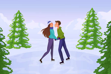 Couple in love on date ice skating. Cartoon peopleのイラスト素材