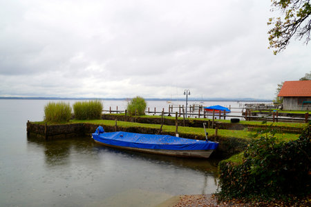 Boat on the shore of Lake Balaton in Hungary. Autumnの写真素材