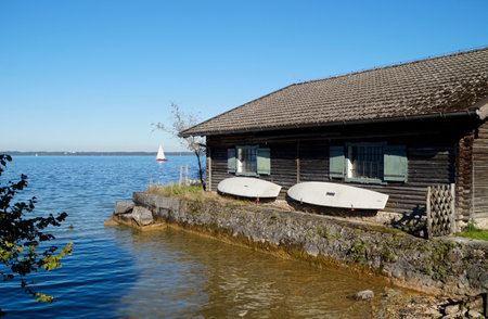 Wooden house on the shore of Lake Constance, Germany.の写真素材