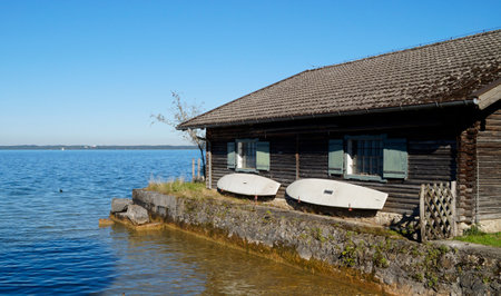 Wooden house on the shore of Lake Constance, Bavaria, Germanyの写真素材