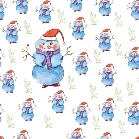 Snowman pattern watercolor snowman figure and branchesの写真素材