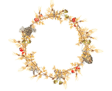 Christmas Wreath ocher wreath ocher hand painted watercolorの写真素材