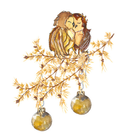 two owl watercolor painting in ocherの写真素材