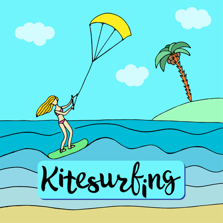Sports blonde girl in pink swimsuit standing on the kiteboard. Kitesurfing or extreme modern sport. Vector illustrationのイラスト素材