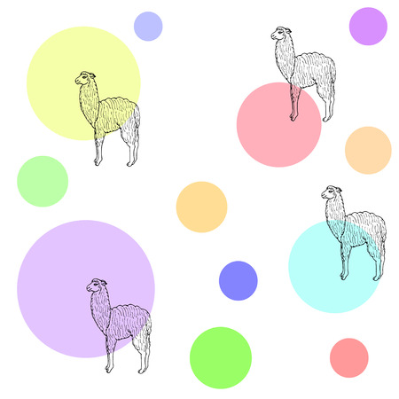 Cute llama or alpaca illustration. Seamless pattern with colorful rounds. Amusing animal.のイラスト素材