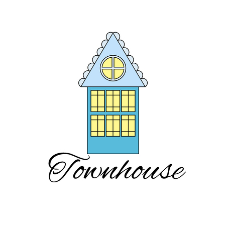 Houses on a street. Illustration of a city landscape with townhouse. Line style.のイラスト素材
