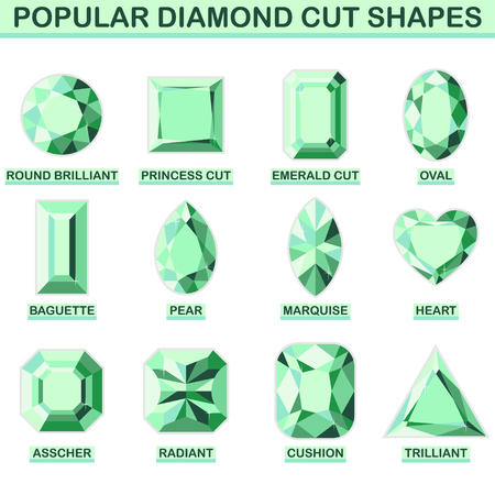 Popular diamond cut shapes - round brilliant, baguette, asscher, princess cut, pear, radiant, emerald cut, marquise cushion oval heart trilliantのイラスト素材