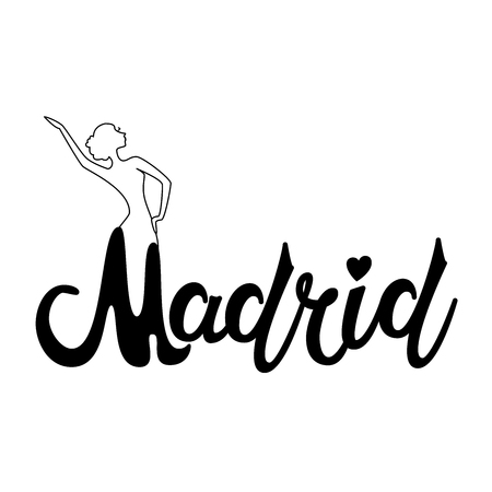 Beautiful hand written text typography design of europe european city madrid name logo with silhouette of a dancing flamenco dancer suitable for tourism or visit promotionのイラスト素材