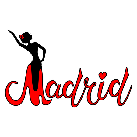 Beautiful hand written text typography design of europe european city madrid name logo with silhouette of a dancing flamenco dancer suitable for tourism or visit promotionのイラスト素材