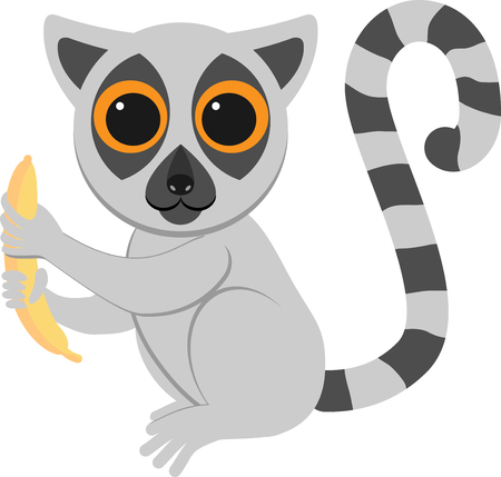 Cartoon funny sitting lemur with a banana. African animals. Geometric style. Flat illustration.のイラスト素材
