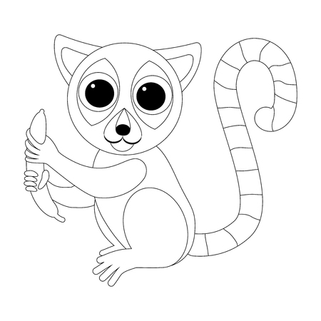 Cartoon funny sitting lemur with a banana. African animals. Geometric style. Coloring illustration.のイラスト素材