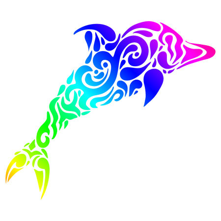 Silhouette of a dolphin in a tattoo style. Rainbow colors in white background. Creative colourful dolphinのイラスト素材