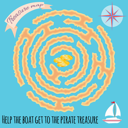 Maze children game. Help the boat get to the pirate treasure. Gold coins with the symbol of the skull in the center of the labyrinth. Kids activity sheetのイラスト素材